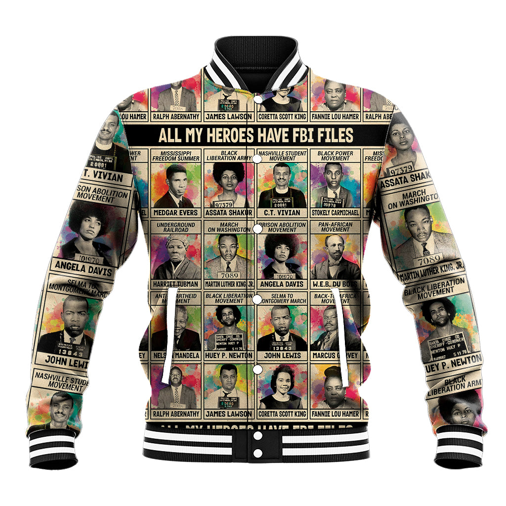 Multicolor baseball jacket with ribbed collar, cuffs, and large hero portrait graphic