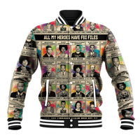 Multicolor baseball jacket with ribbed collar, cuffs, and large hero portrait graphic