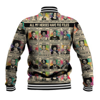 Multicolor baseball jacket back with ribbed hem and hero portrait collage graphic