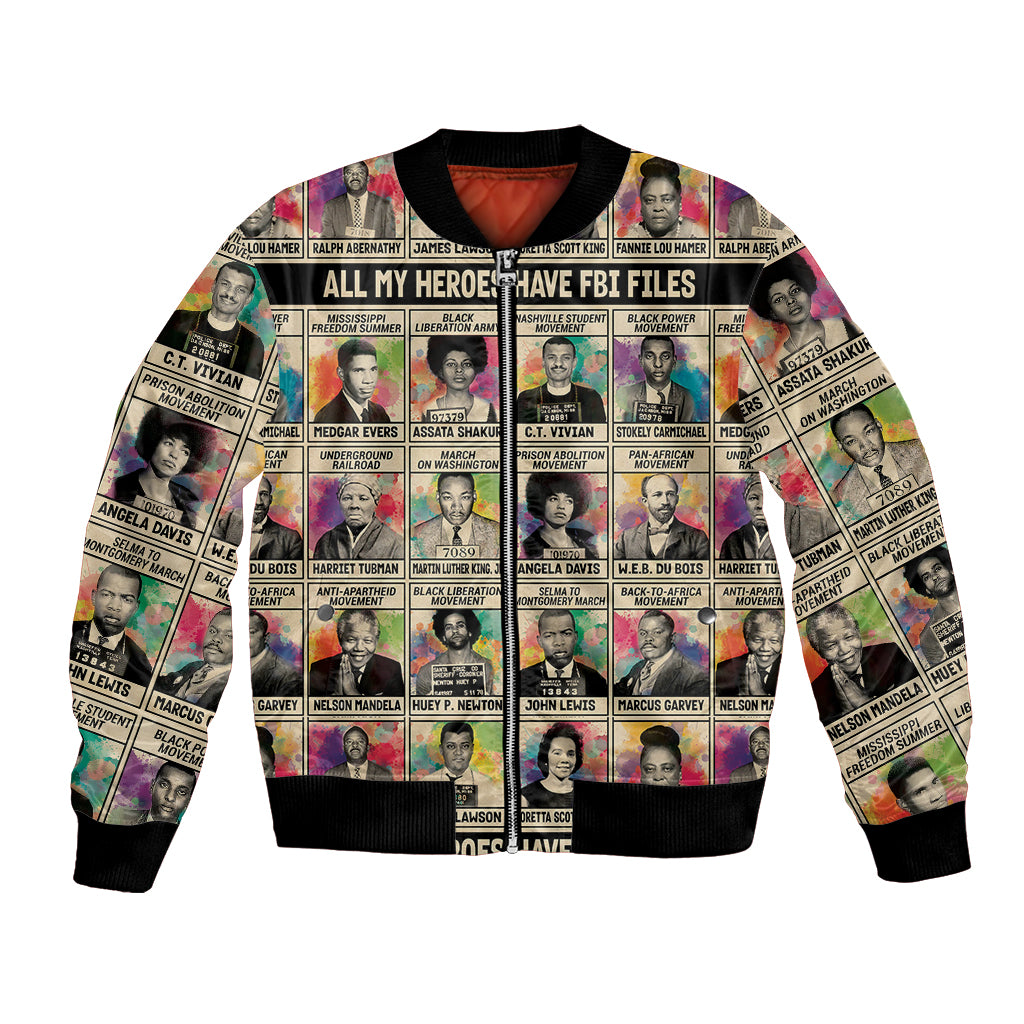 Multicolor bomber jacket with black ribbed collar, cuffs, and full-face portrait print