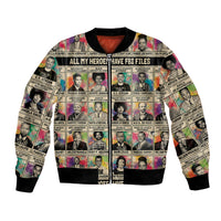 Multicolor bomber jacket with black ribbed collar, cuffs, and full-face portrait print