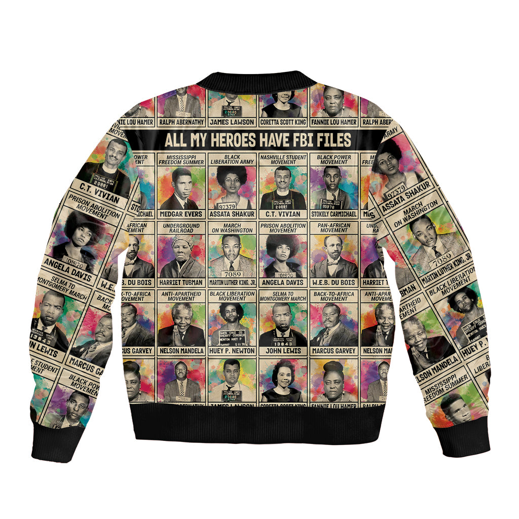 Multicolor bomber jacket with black ribbed trim and central rectangular graphic panel
