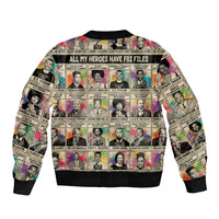 Multicolor bomber jacket with black ribbed trim and central rectangular graphic panel
