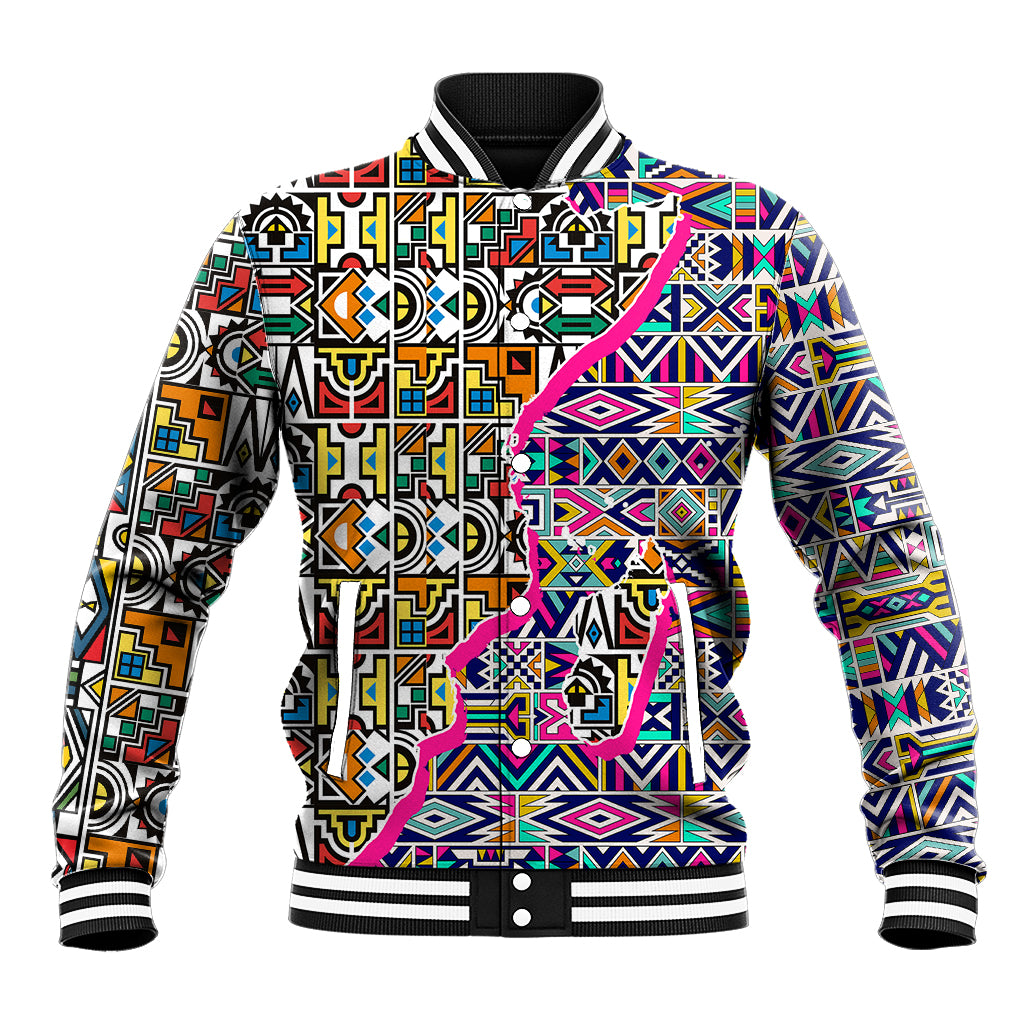 Ndebele-pattern baseball jacket with multicolor geometric print, ribbed collar and cuffs