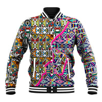 Ndebele-pattern baseball jacket with multicolor geometric print, ribbed collar and cuffs