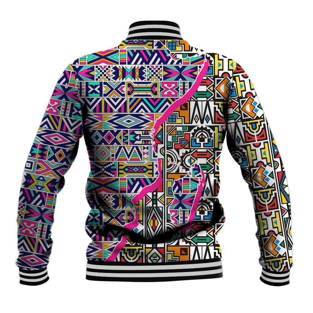 Ndebele-pattern baseball jacket, bold geometric print on back, ribbed hem and cuffs