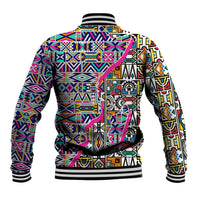 Ndebele-pattern baseball jacket, bold geometric print on back, ribbed hem and cuffs