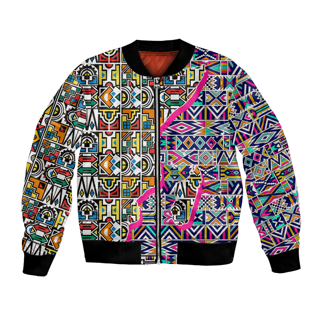 Unisex bomber jacket with colorful African-inspired Ndebele geometric pattern, ribbed cuffs