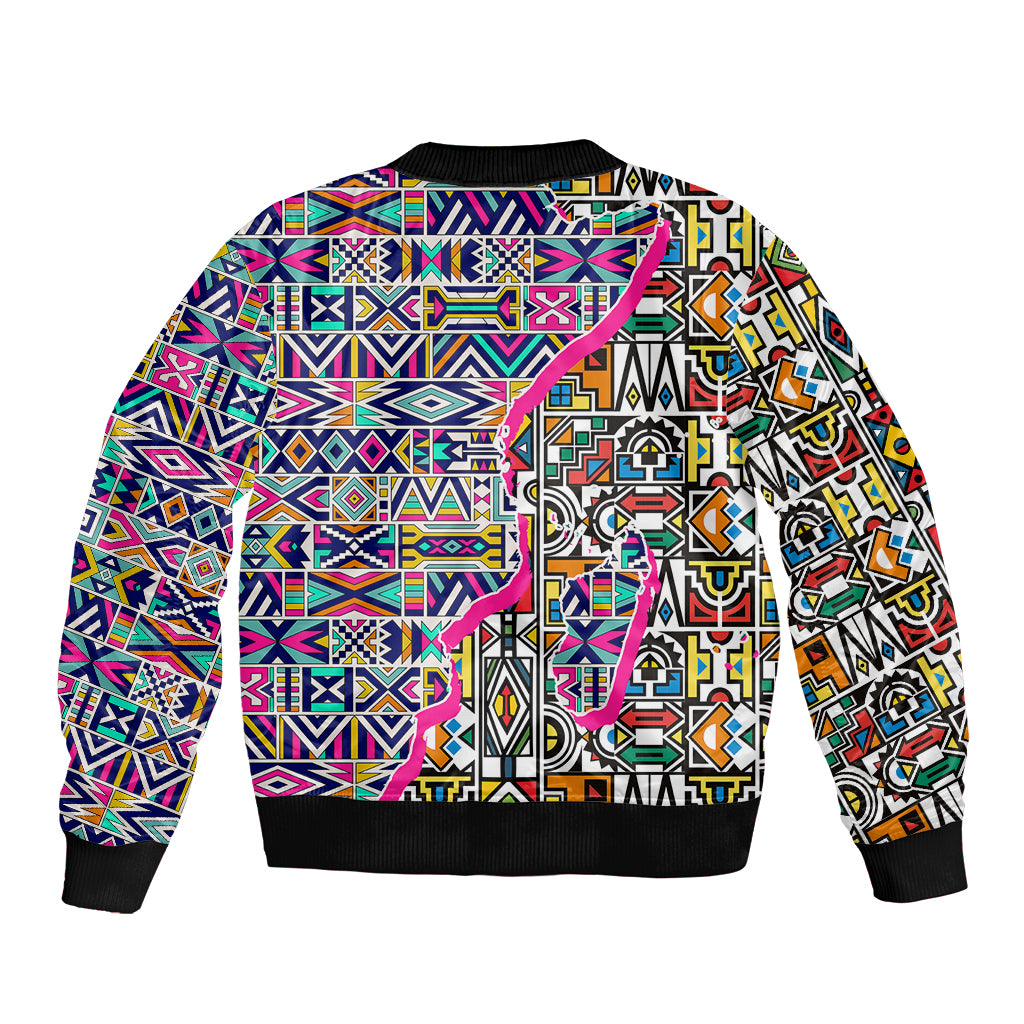 Bomber jacket with multicolor geometric Ndebele pattern, zip front and ribbed hem
