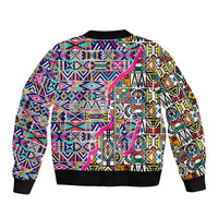 Bomber jacket with multicolor geometric Ndebele pattern, zip front and ribbed hem