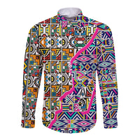 African Ndebele pattern long-sleeve button shirt, multicolor geometric print, front view