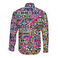 African Ndebele pattern long-sleeve button shirt, multicolor geometric print, back view