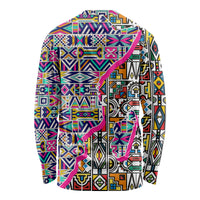 Multicolor geometric long-sleeve shirt with round neckline, Ndebele-style pattern, back