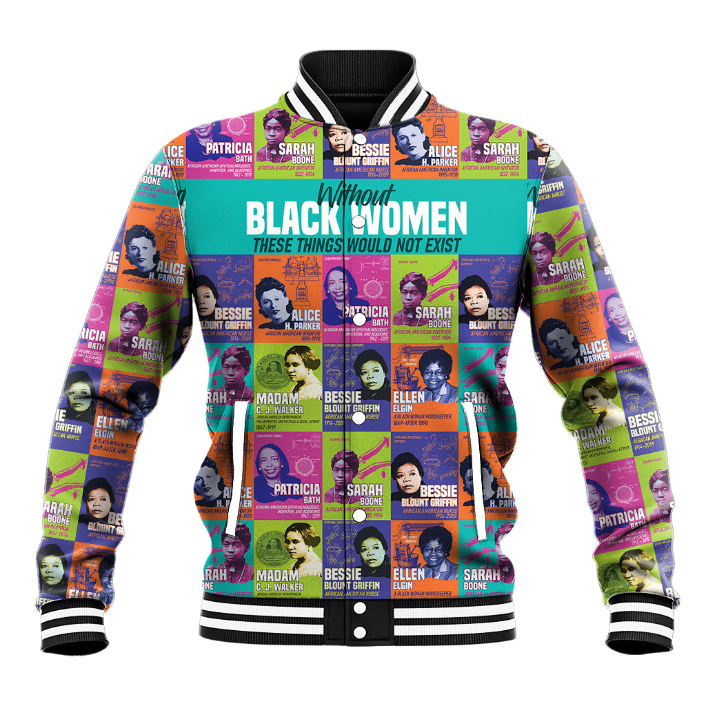 Multicolor baseball jacket with striped ribbed collar and cuffs, portrait graphic print