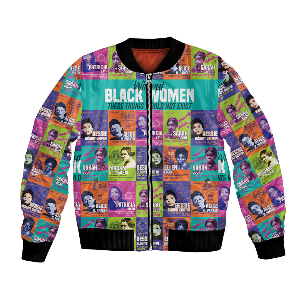 Multicolor bomber jacket with black ribbed cuffs and hem