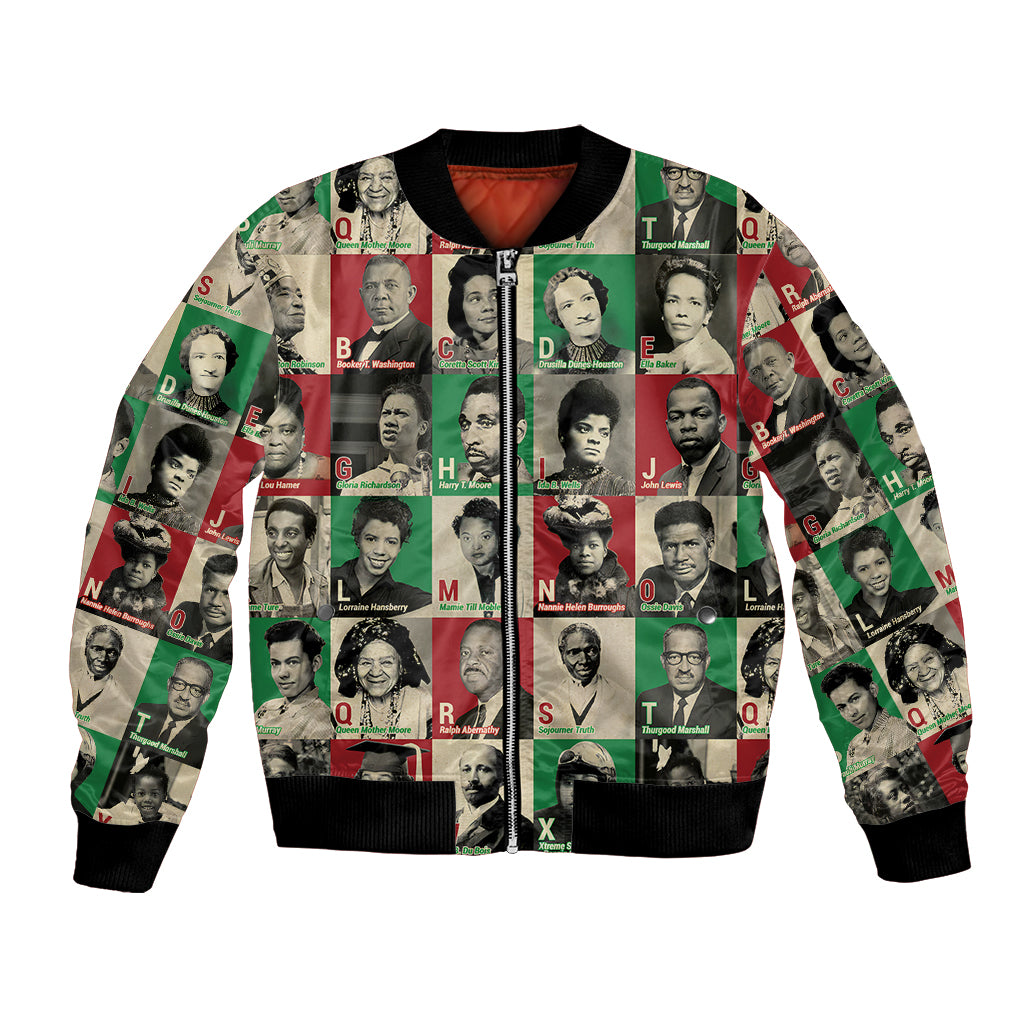 Multicolor bomber jacket with black ribbed collar and portrait collage print