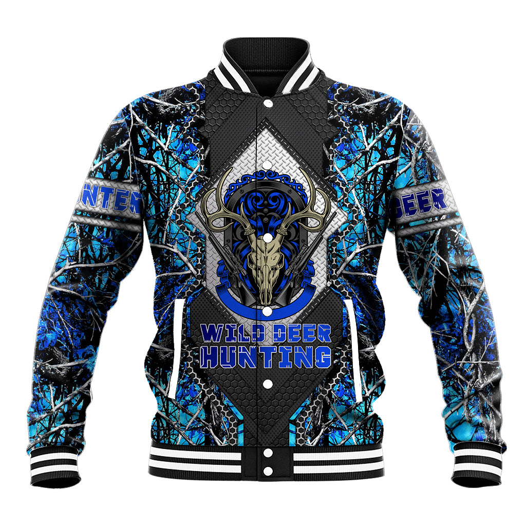 Blue baseball jacket with black ribbed collar and snap front, deer skull graphic
