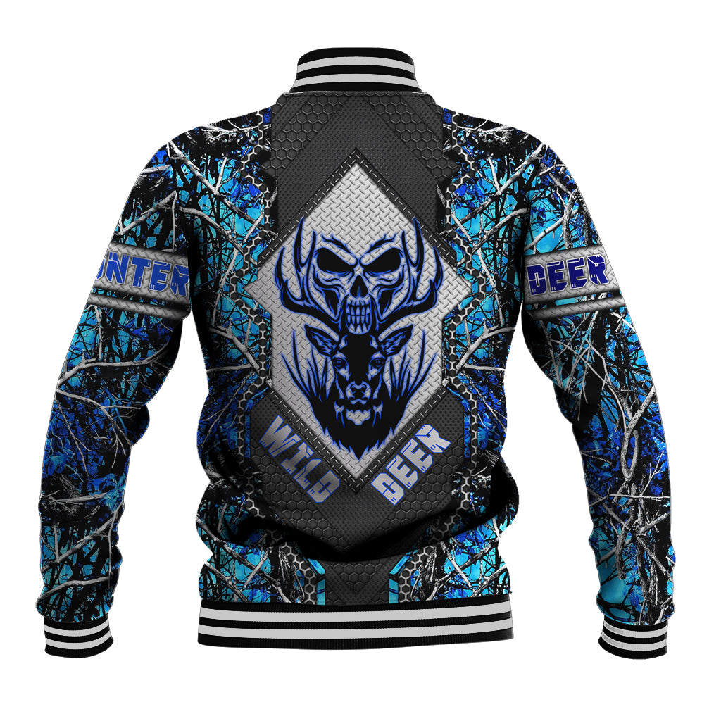 Blue baseball jacket with black ribbed hem and back skull-and-deer graphic