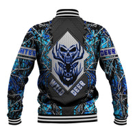 Blue baseball jacket with black ribbed hem and back skull-and-deer graphic