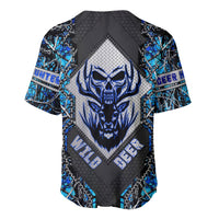 Blue and black baseball jersey with skull and deer head graphic, short sleeves