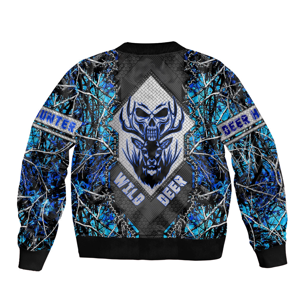 Unisex blue camouflage bomber jacket with large skull print and ribbed collar