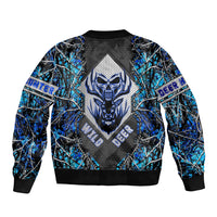 Unisex blue camouflage bomber jacket with large skull print and ribbed collar