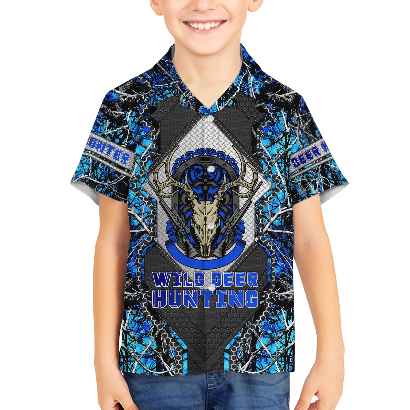 Wild Deer Hunting Kid Hawaiian Shirt Skull Blue Art - Wonder Print Shop