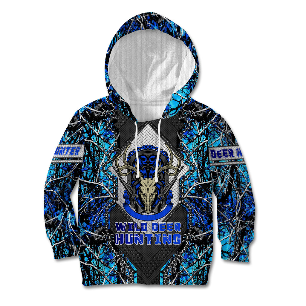 Wild Deer Hunting Kid Hoodie Skull Blue Art - Wonder Print Shop