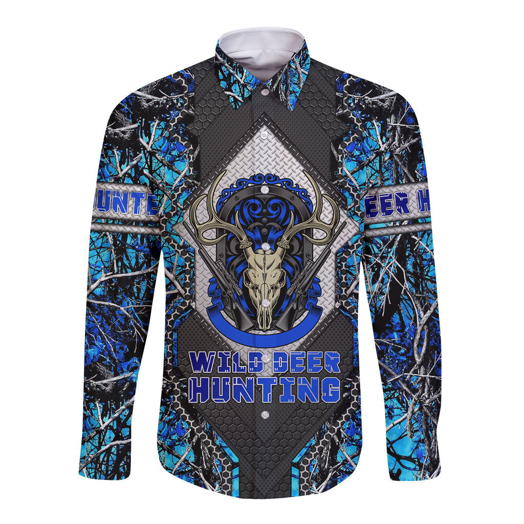 Wild Deer Hunting Long Sleeve Button Shirt Skull Blue Art - Wonder Print Shop