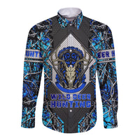 Unisex blue long sleeve button shirt with skull and deer chest graphic