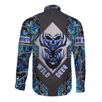 Unisex blue long sleeve button shirt with large skull and deer head graphic