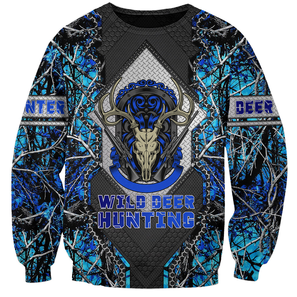 Unisex blue-and-black sweatshirt with wild deer skull and antlers graphic