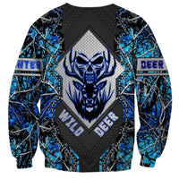 Unisex blue-and-black sweatshirt with deer skull chest emblem and antlers graphic
