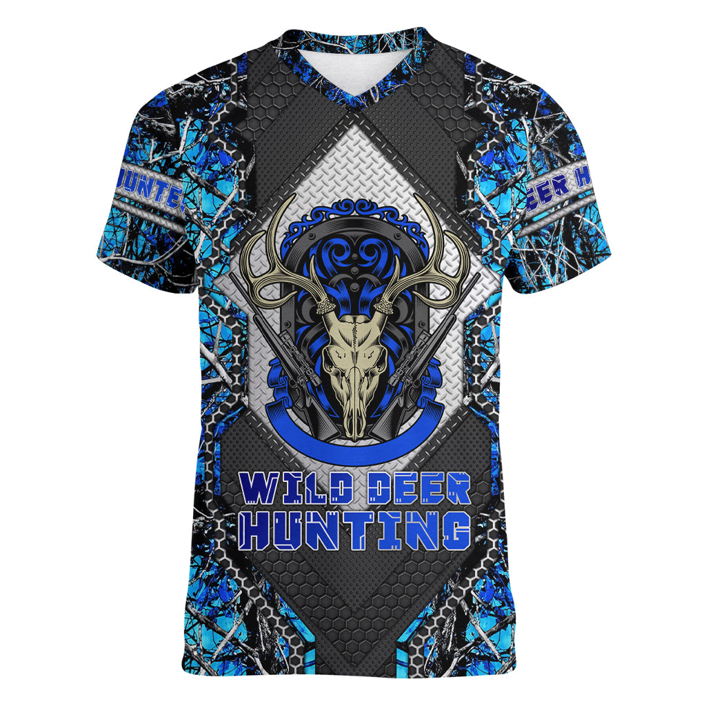 wild-deer-hunting-women-v-neck-t-shirt-skull-blue-art