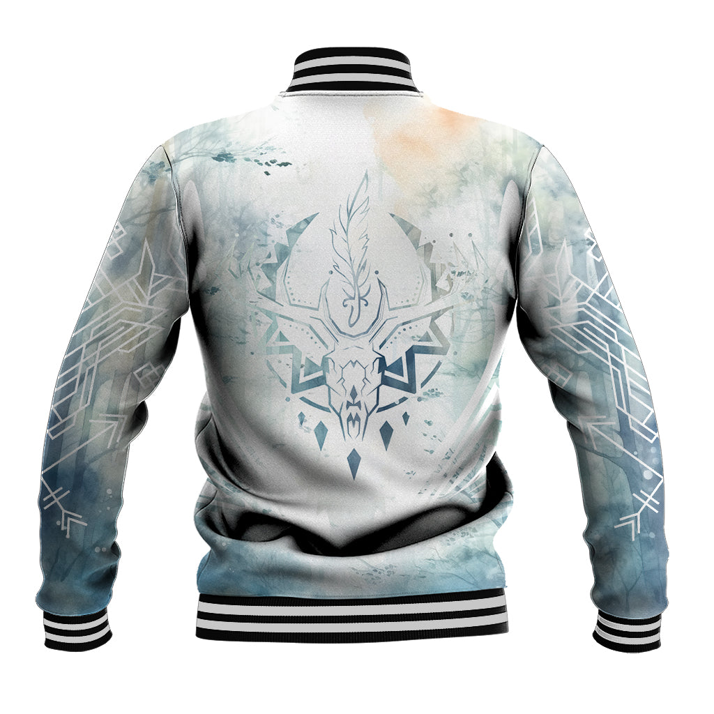 Unisex baseball jacket with blue deer back print, snap buttons, striped ribbed hem