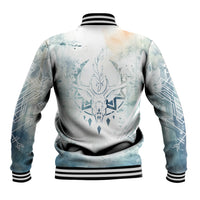 Unisex baseball jacket with blue deer back print, snap buttons, striped ribbed hem