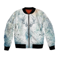 Unisex bomber jacket with light blue deer-antler watercolor graphic, zip front