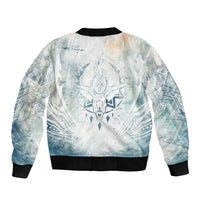 Unisex bomber jacket with light blue deer emblem on back, ribbed hem and cuffs