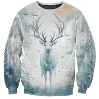 Unisex crewneck sweatshirt with watercolor deer and geometric patterns, long sleeves