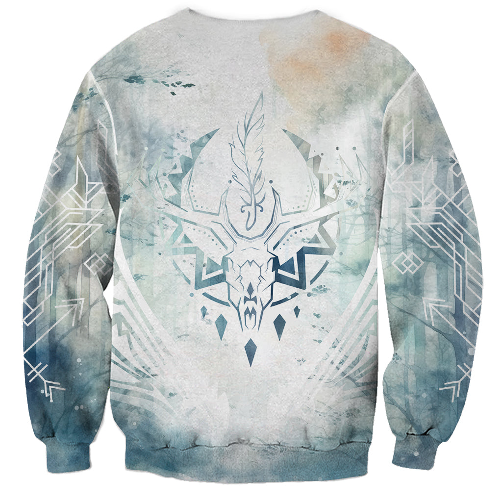 Unisex crewneck sweatshirt back with watercolor antlered emblem and geometric motifs