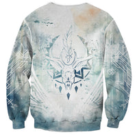 Unisex crewneck sweatshirt back with watercolor antlered emblem and geometric motifs