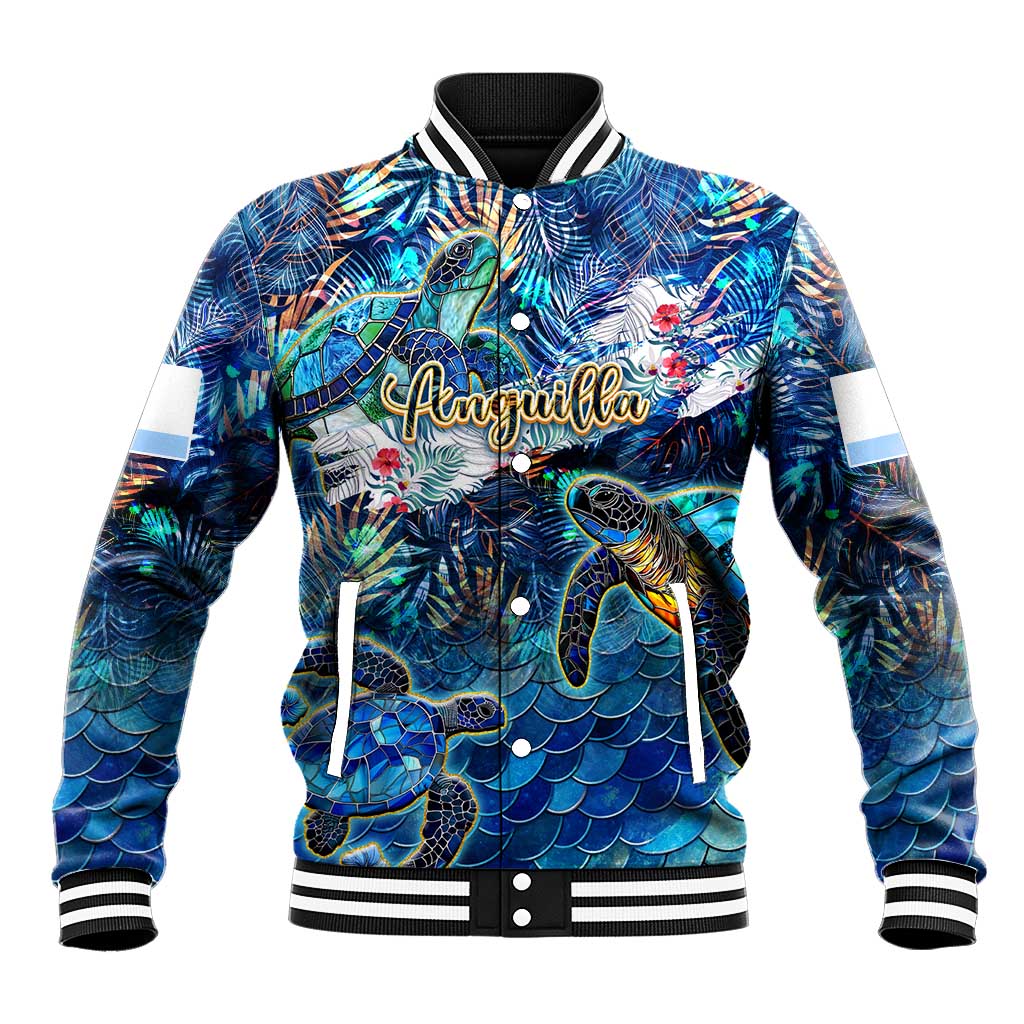 Blue baseball jacket with button front, ribbed trim, striped cuffs, colorful island graphic