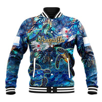 Blue baseball jacket with button front, ribbed trim, striped cuffs, colorful island graphic
