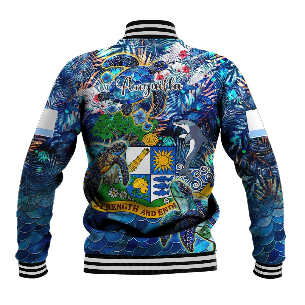 Blue baseball jacket with ribbed collar and hem, button front, large back island artwork