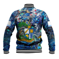 Blue baseball jacket with ribbed collar and hem, button front, large back island artwork