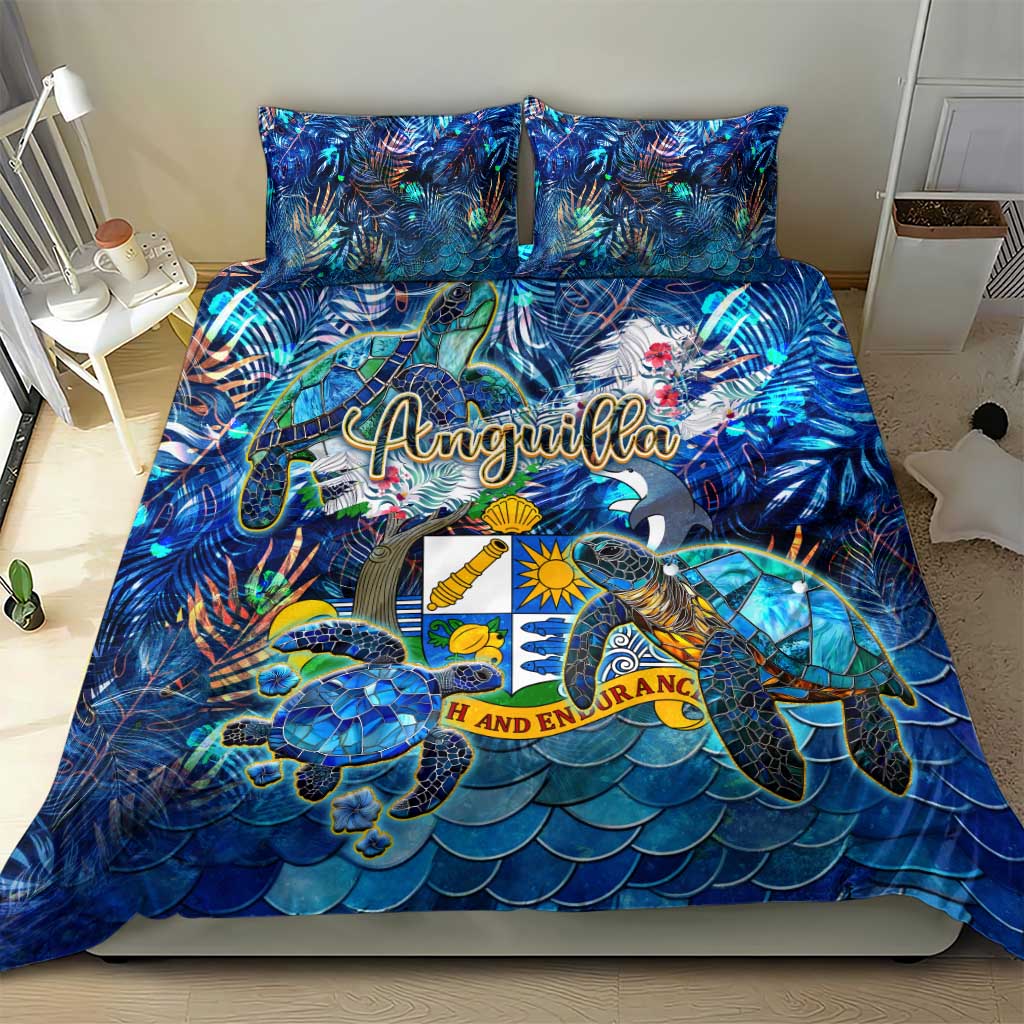 Blue sea turtle bedding set with two pillowcases and full-bleed ocean scale pattern.
