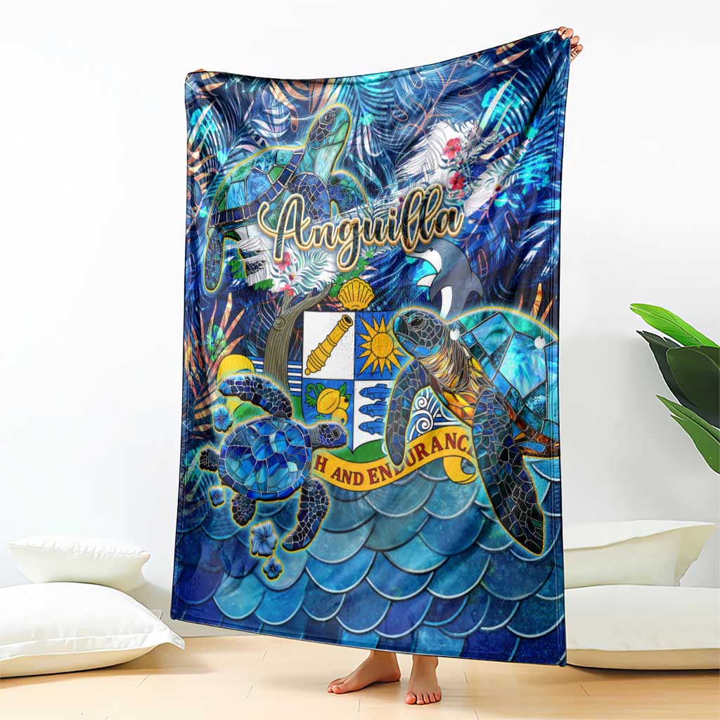 Blue Anguilla blanket with sea turtles, fish, and a 'HAND ENDURANCE' graphic panel.