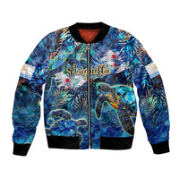 Unisex bomber jacket with blue sea-themed graphic print, front zipper, black rib trim