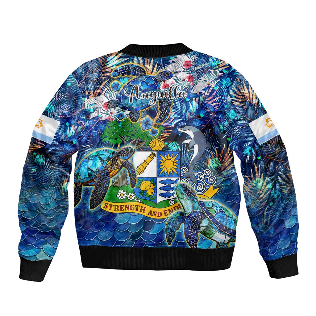 Unisex bomber jacket back with blue ocean graphic, ribbed hem, slogan text and icons