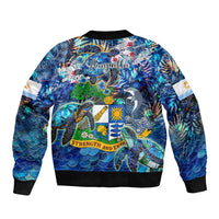 Unisex bomber jacket back with blue ocean graphic, ribbed hem, slogan text and icons